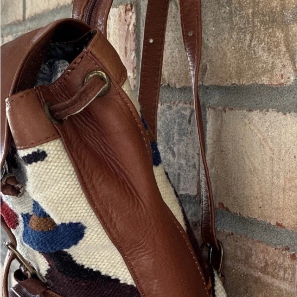 Leather &Woven Woolen Textile Small Backpack Crossbody Bag — Brown, Boho Vintago - Picture 5 of 14